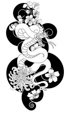 Golden snake cobra tattoo.Hand drawn snake with cherry blossom and cloud vector 