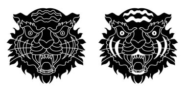 Kaplan başlı vektör beyaz arka planda izole edildi. Geleneksel dövme kaplan yüzü. Japon kaplan resmi tişört baskısı için..