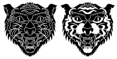 Kaplan başlı vektör beyaz arka planda izole edildi. Geleneksel dövme kaplan yüzü. Japon kaplan resmi tişört baskısı için..