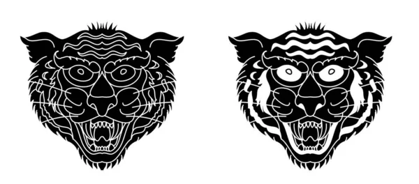 Tête Tigre Vecteur Isoler Sur Fond Blanc Tatouage Traditionnel Visage — Image vectorielle