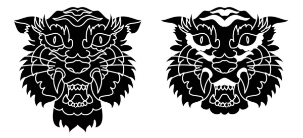 Tête Tigre Vecteur Isoler Sur Fond Blanc Tatouage Traditionnel Visage — Image vectorielle