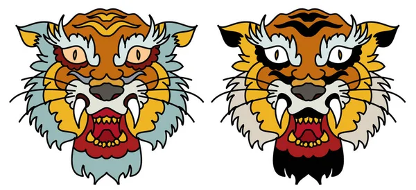 Tête Tigre Vecteur Isoler Sur Fond Blanc Tatouage Traditionnel Visage — Image vectorielle