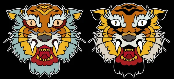 Tiger Cabeça Vetor Isolado Fundo Branco Tradicional Tatuagem Tigre Face — Vetor de Stock