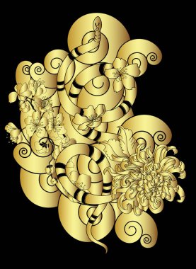 Japon çiçek dövmeli güzel yılan vektörü. Siyah arkaplan üzerinde kırmızı Yılan vektör çizimi. Siyah ve beyaz Japon yılanı. Şakayık çiçeği dövmeli..