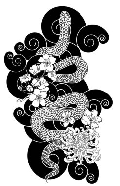Japon çiçek dövmeli güzel yılan vektörü. Siyah arkaplan üzerinde kırmızı Yılan vektör çizimi. Siyah ve beyaz Japon yılanı. Şakayık çiçeği dövmeli..