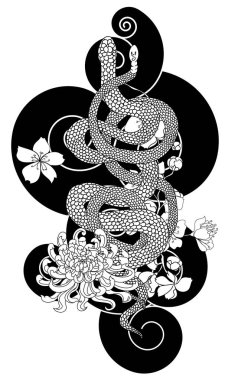 Japon çiçek dövmeli güzel yılan vektörü. Siyah arkaplan üzerinde kırmızı Yılan vektör çizimi. Siyah ve beyaz Japon yılanı. Şakayık çiçeği dövmeli..