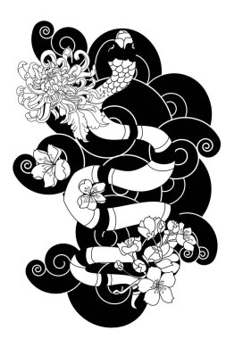 Japon çiçek dövmeli güzel yılan vektörü. Siyah arkaplan üzerinde kırmızı Yılan vektör çizimi. Siyah ve beyaz Japon yılanı. Şakayık çiçeği dövmeli..