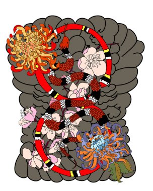 Japon çiçek dövmeli güzel yılan vektörü. Siyah arkaplan üzerinde kırmızı Yılan vektör çizimi. Siyah ve beyaz Japon yılanı. Şakayık çiçeği dövmeli..