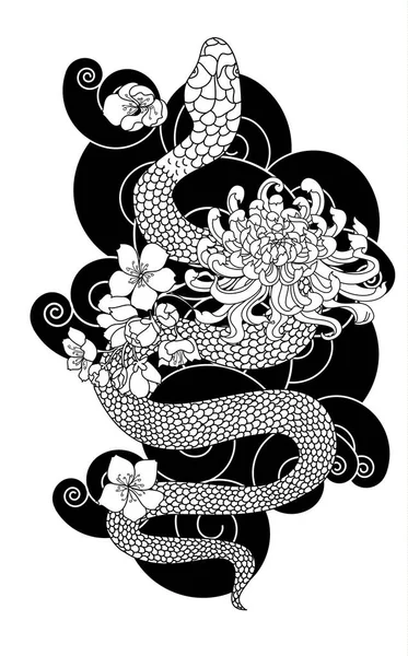 Vector Șarpe Frumos Flori Japonez Tatuaj Design Red Snake Vector — Vector de stoc