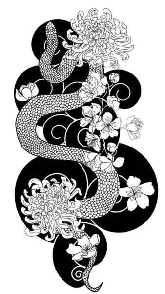 Krásný Had Vektor Květinou Japonské Tetování Design Red Had Vektor — Stockový vektor
