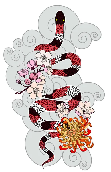 Belo Vetor Cobra Com Flor Tatuagem Japonesa Design Red Ilustração — Vetor de Stock