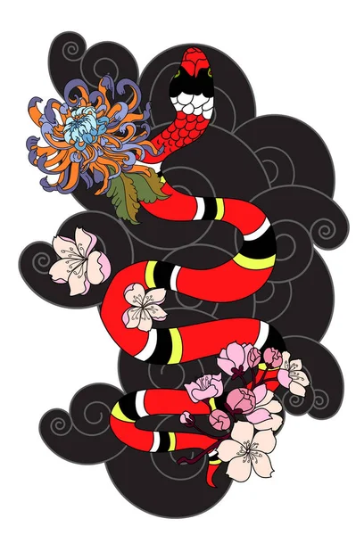 Japon çiçek dövmeli güzel yılan vektörü. Siyah arkaplan üzerinde kırmızı Yılan vektör çizimi. Siyah ve beyaz Japon yılanı. Şakayık çiçeği dövmeli..