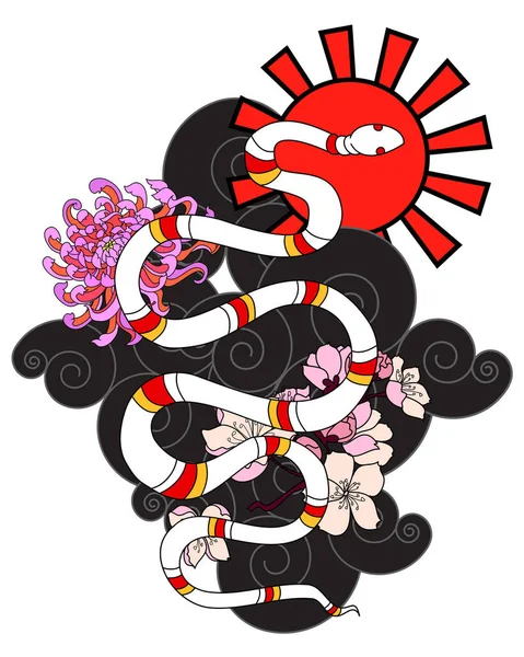 Hermoso Vector Serpiente Con Flor Japonesa Tatuaje Design Red Ilustración — Vector de stock