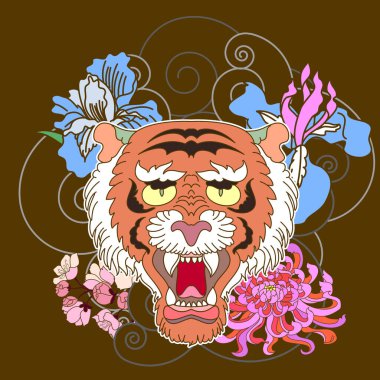 Renkli geleneksel dövme stili kaplan yüzü kiraz çiçeği ve amber çiçeği üzerinde olabilir ve kızıl güneş arkaplanı. Çin kaplanı kükreyen dövmesi..