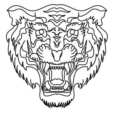 Geleneksel aslan surat dövmesi. Çin aslanı surat çıkartması. Kaplan yüz çıkartması vektörü. Kaplan kafası geleneksel dövmesi.