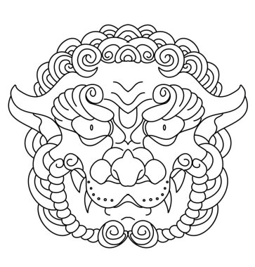 Geleneksel aslan surat dövmesi. Çin aslanı surat çıkartması. Kaplan yüz çıkartması vektörü. Kaplan kafası geleneksel dövmesi.