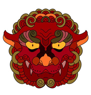 Geleneksel aslan surat dövmesi. Çin aslanı surat çıkartması. Kaplan yüz çıkartması vektörü. Kaplan kafası geleneksel dövmesi.