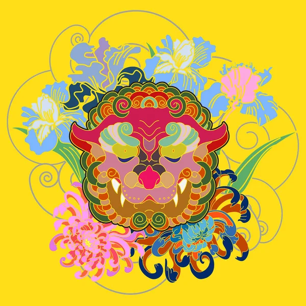 Kolorowy Tradycyjny Tatuaż Twarz Tygrysa Kwiatem Wiśni Hibiskusa Kwiat Puszce — Wektor stockowy
