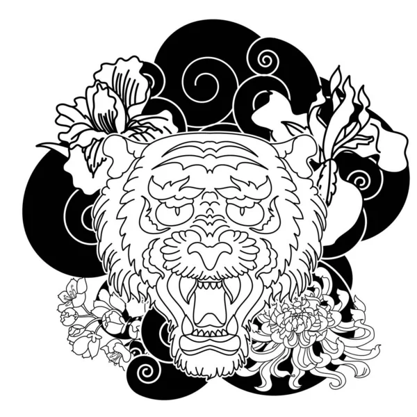 Renkli geleneksel dövme stili, üzerinde kiraz çiçeği ve amber çiçeği olan kaplan yüzü ve kırmızı, yükselen güneş arkaplanı. Kükreyen Çin Kaplanı dövmesi. Gömleğe baskı yapmak için Çin Aslanı illüstrasyonu..
