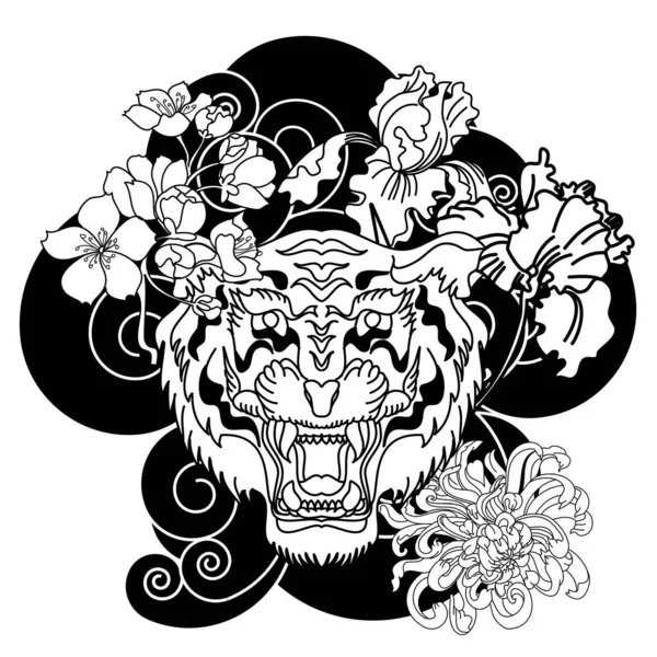 Красочные Традиционные Татуировки Стиле Тигр Лицо Цветком Вишни Гибискус Цветок — стоковый вектор