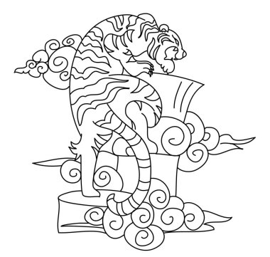 Kaplan surat etiketi vektörü. Kaplan başı geleneksel dövmesi. Japon kaplanının yapıştırma ya da tişört baskısı için vektörü. Arka planda resim yapmak için vektör illüstrasyonu..