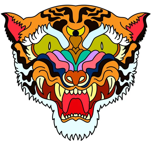 Tiger Face Autocolante Vector Tiger Cabeça Tatuagem Tradicional Vector Tigre —  Vetores de Stock