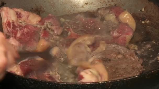 Mujer cocinando carne — Vídeos de Stock