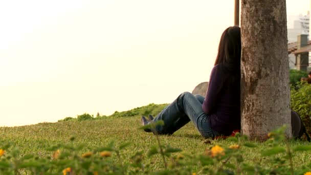 Vrouw ontspannen op het gras — Stockvideo