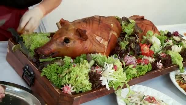 Cerdo en buffet — Vídeos de Stock