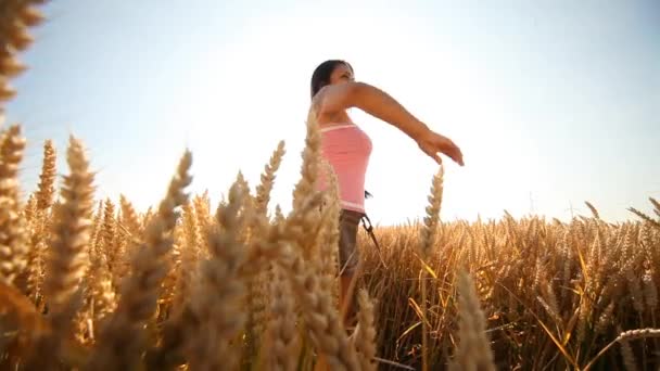 Gelukkige vrouw in grainfield — Stockvideo