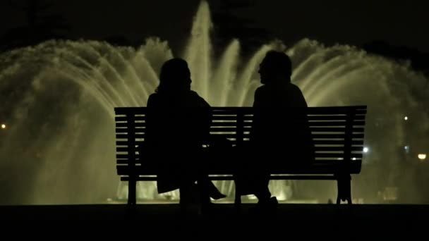 Taman air di Lima, Peru (Parque de los aquas). 2012 people talk on bench silhouetted — Stok Video