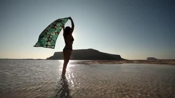 Vrouw met handdoek in wind op strand — Stockvideo