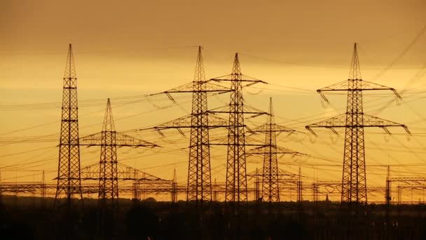 Sonnenuntergang über Stromleitungen — Stockvideo