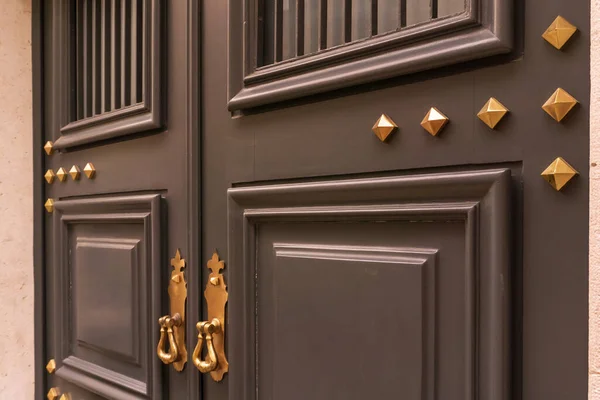 Beautiful brown wooden door with metal rivets — Fotografia de Stock