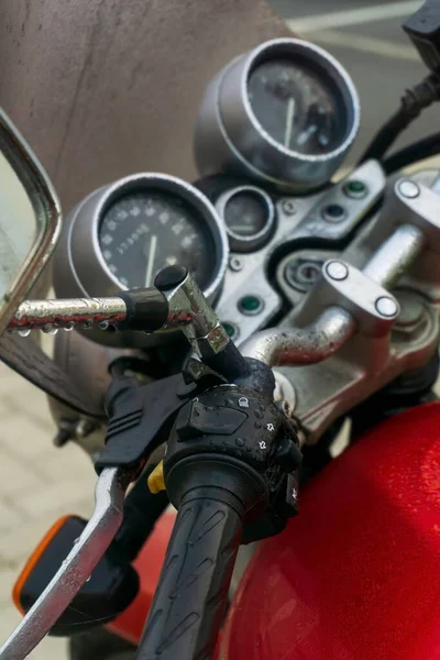 Steering Wheel Dashboard Red Classic Motorcycle Close — Fotografia de Stock