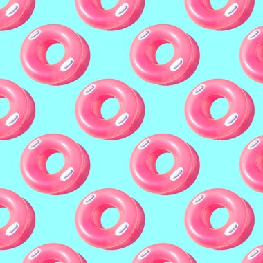 Bright pink inflatable circle with white handles and a shadow on a blue background pattern