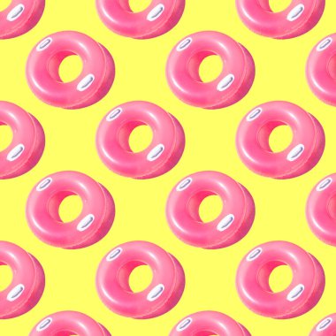 Bright pink inflatable circle with white handles and a shadow on a yellow background pattern