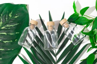 Egzotik bitkilerle parfümler için tıpa tıkaçlı üç cam şişe. Model.