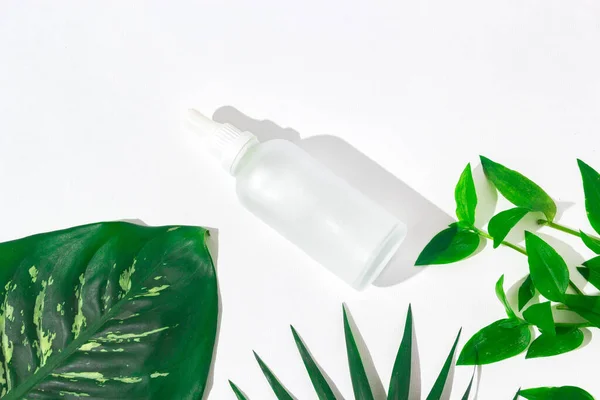 Skleněný Kapátko Bílým Víčkem Pro Kosmetiku Exotickými Rostlinami Mockup — Stock fotografie