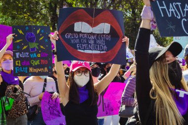 Uluslararası Kadınlar Günü anısına düzenlenen feminist bir gösteri olan 8M yolunda, Puebla 'daki kadın cinayetlerinin aydınlatılmasını talep ediyorlar..