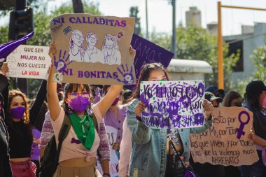 Uluslararası Kadınlar Günü anısına düzenlenen feminist bir gösteri olan 8M yolunda, Puebla 'daki kadın cinayetlerinin aydınlatılmasını talep ediyorlar..