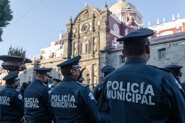 Městští Policisté Hlídají Zocalu Města Puebla — Stock fotografie