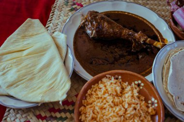 San Lucas Atzala, Puebla 'dan kırmızı mısır tortilla ile sarmalanmış Köstebek