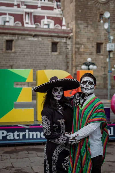 Calavera Catrina Portrét Cukrem Lebky Make Cempasuchil Květinová Koruna Day — Stock fotografie