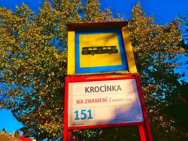 Prague Czech Republic October 2021 Bus Stop Board Name Stop — Stock Photo, Image