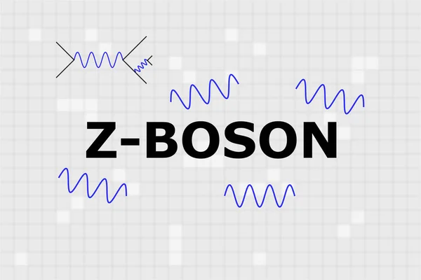 Merkezde mavi sinüs dalgaları ve z-boson üretiminin Feynman diyagramının bulunduğu düzlem bozonunun adı ve bu bozunma.
