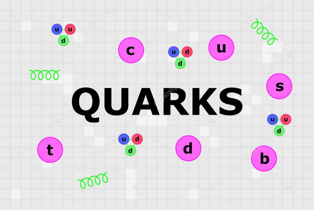 Name of fermions called quarks in the center with six different quarks, protons, neutrons, and gluons.