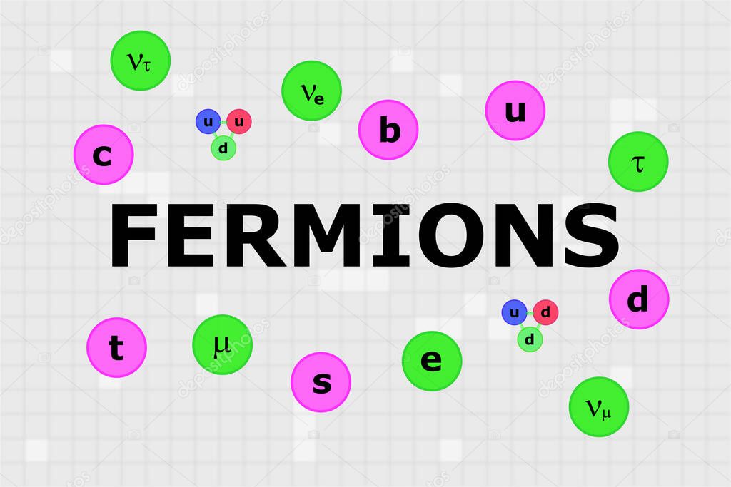 Name of major group in Standard Model called fermions in the center with six different quarks, proton, neutron, and six different leptons.