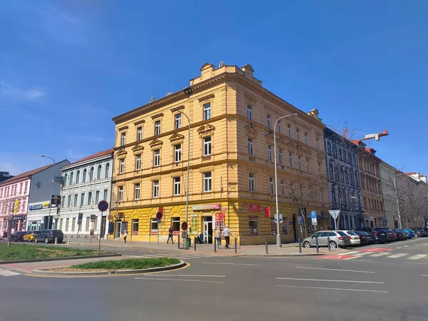 Prague Czech Republic April 2022 Yellow Municipal Residential Corner Building — стоковое фото