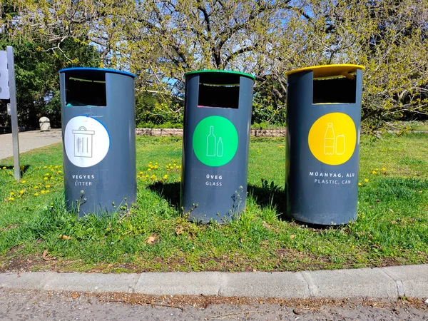 Tres Contenedores Basura Para Residuos Reciclables Pie Junto Acera Césped —  Fotos de Stock